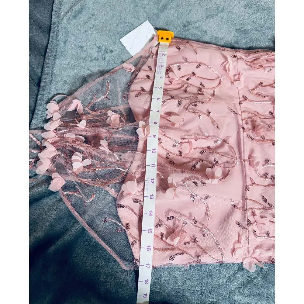 NWT Dessy SHEER HALTER NECK 3D FLORAL EMBROIDERED DRESS HIGH-LOW HEM Pink SZ 12 - Picture 12 of 12